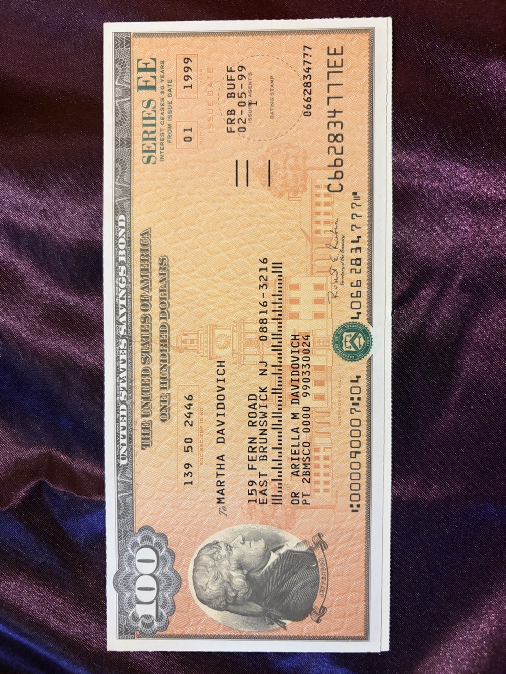 $100 Vintage 1999 Unredeemed U.S. Savings Bond. Matures 02/2029